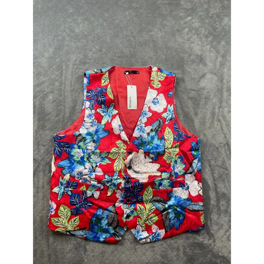 VATPAVE Mens Floral Print Vest Red Blue Green Satin Look Slim Fit‎ Tuxedo Style